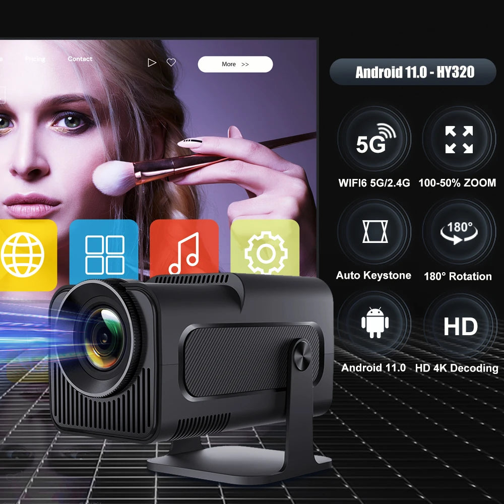 Videoproiector Portabil HY320, Android 11, 390 ANSI, Rezoluție 1080P Nativ, Suport 4K, Dual WiFi6, Bluetooth 5.0 – Versiune Upgradată HY300